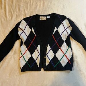 Vintage Argyle Pattern Black Cardigan Sweater